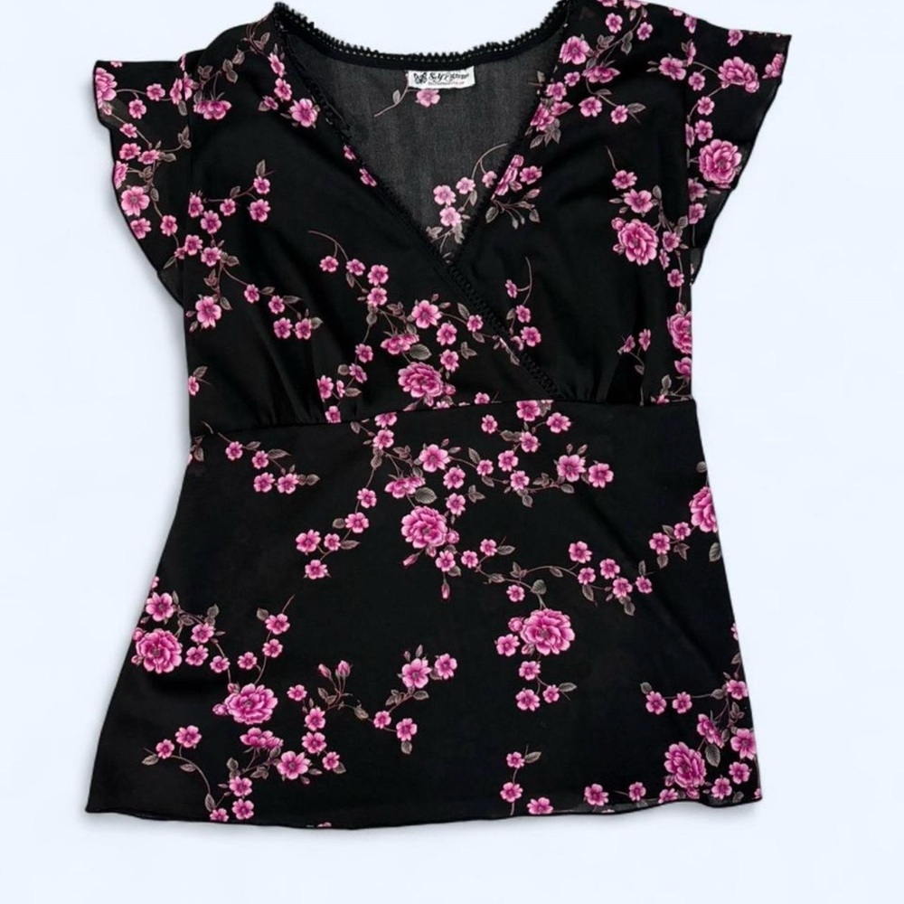 Self Esteem Black Wrap-Front Top with Pink Floral Print